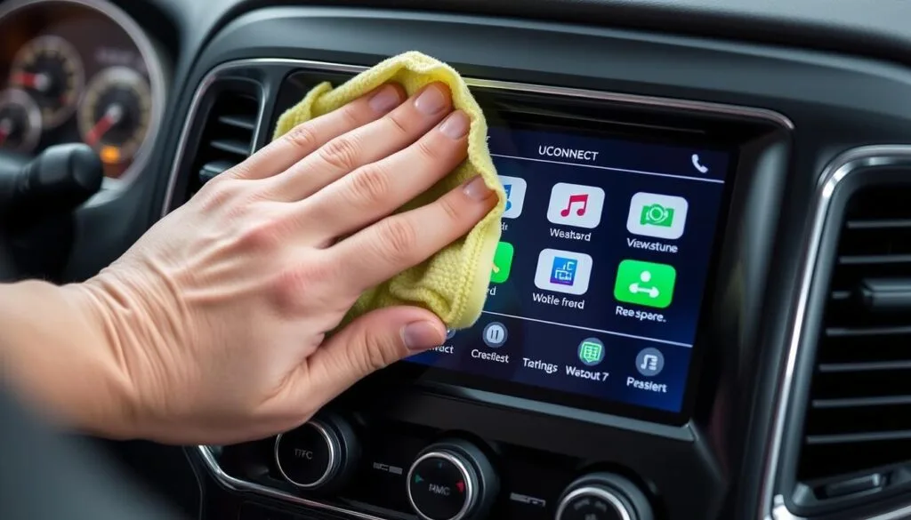 Person cleaning Uconnect touchscreen with microfiber cloth Person cleaning Uconnect touchscreen with microfiber cloth