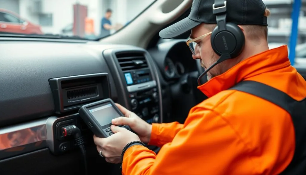 Technician diagnosing Uconnect system with diagnostic equipment Technician diagnosing Uconnect system with diagnostic equipment