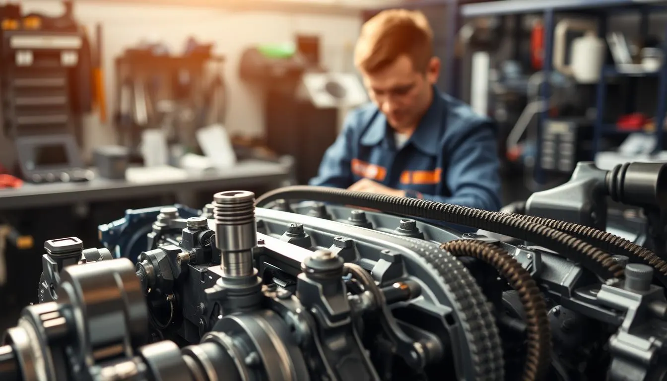A close-up view of a Hyundai engine, showcasing its intricate components and robust design to symbolize reliability. The foreground features detailed shots of engine parts such as the cylinder head, pistons, and timing belt, illuminated by soft, natural light to highlight their high-quality materials. In the middle ground, a mechanic in a professional outfit inspects the engine with focused diligence, conveying expertise and care. The background includes a well-organized workshop with tools and diagnostic equipment, suggesting a professional setting dedicated to automotive maintenance. The atmosphere is serious yet optimistic, reflecting the ongoing efforts to enhance engine reliability, with a subtle warm glow to evoke a sense of progress and innovation.
