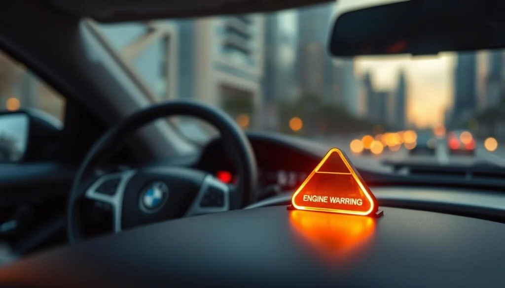 A close-up view of a car dashboard prominently displaying an illuminated "engine warning" light. The foreground focuses on the warning light glowing amber, casting a slight reflection on the dashboard's surface. In the middle ground, the steering wheel and surrounding controls are blurred but visible, showcasing a modern interior design. The background reveals a soft-focus cityscape through the windshield, hinting at the car being in motion. The lighting is warm and ambient, resembling late afternoon sunlight filtering through the windshield. The overall mood is one of concern, urging attention to vehicle maintenance and reliability. The image should evoke a sense of urgency while remaining professional, with no extraneous elements or text present. A close-up view of a car dashboard prominently displaying an illuminated "engine warning" light. The foreground focuses on the warning light glowing amber, casting a slight reflection on the dashboard's surface. In the middle ground, the steering wheel and surrounding controls are blurred but visible, showcasing a modern interior design. The background reveals a soft-focus cityscape through the windshield, hinting at the car being in motion. The lighting is warm and ambient, resembling late afternoon sunlight filtering through the windshield. The overall mood is one of concern, urging attention to vehicle maintenance and reliability. The image should evoke a sense of urgency while remaining professional, with no extraneous elements or text present.