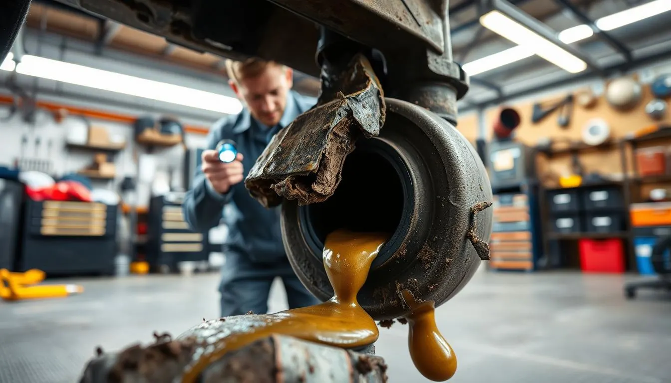 A close-up view of a damaged CV boot located on a car&rsquo;s axel, showing grease leaking out, set against a garage backdrop. Foreground: Focus on the torn CV boot with visible cracks, illustrating the grease spilling out, capturing intricate details like dirt and wear. Middle: A mechanic in smart casual attire, examining the CV boot with a flashlight, illuminated by bright, overhead workshop lights. Background: A cluttered but organized garage with tools and car parts, creating a sense of realism. Lighting should be bright and clinical, emphasizing the seriousness of the situation. The mood is informative and slightly urgent, conveying the importance of addressing the leaking CV boot issue without any text or distractions.