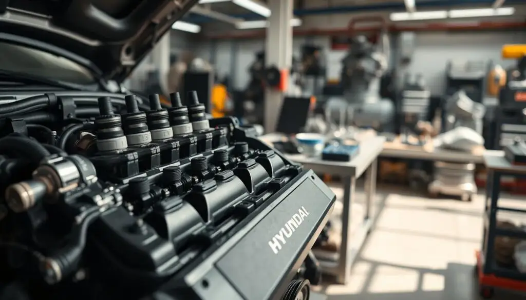A close-up view of a modern Hyundai Kia engine in a well-lit automotive workshop. The engine is showcased prominently in the foreground, highlighting intricate details like the spark plugs, fuel injectors, and valve covers. In the middle ground, tools and parts neatly organized on a workbench, suggesting an environment of mechanical precision and engineering innovation. The background features a blurred view of other car components and machinery to emphasize the focus on the engine. Soft, natural lighting casts gentle shadows, creating a clean and professional mood, while an angled perspective enhances depth and draws the viewer’s eye into the intricate design of the engine. A close-up view of a modern Hyundai Kia engine in a well-lit automotive workshop. The engine is showcased prominently in the foreground, highlighting intricate details like the spark plugs, fuel injectors, and valve covers. In the middle ground, tools and parts neatly organized on a workbench, suggesting an environment of mechanical precision and engineering innovation. The background features a blurred view of other car components and machinery to emphasize the focus on the engine. Soft, natural lighting casts gentle shadows, creating a clean and professional mood, while an angled perspective enhances depth and draws the viewer’s eye into the intricate design of the engine.