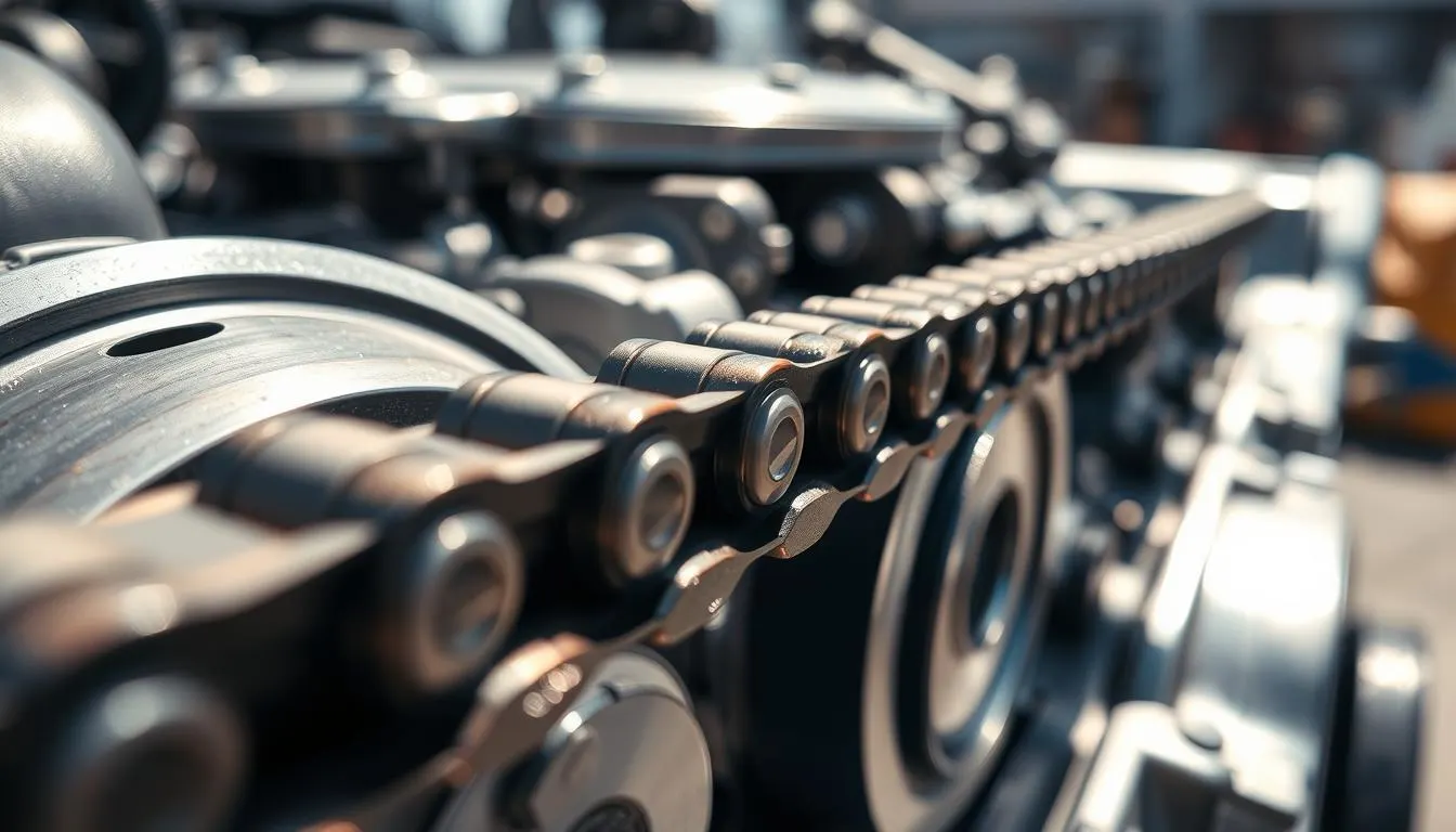 A close-up view of a timing chain mechanism, prominently displayed in the foreground, showcasing the intricate details of the chain links and sprockets, glistening with a slight sheen to highlight their metallic texture. The middle ground features components such as the timing cover and associated gears, adding depth to the scene. In the background, a faint outline of an engine block can be seen, subtly blurred to draw focus to the timing chain. The lighting is bright but soft, mimicking natural sunlight to enhance the clarity of details. The image is shot from a low angle, emphasizing the importance of the timing chain in engine reliability, creating a technical yet engaging atmosphere.