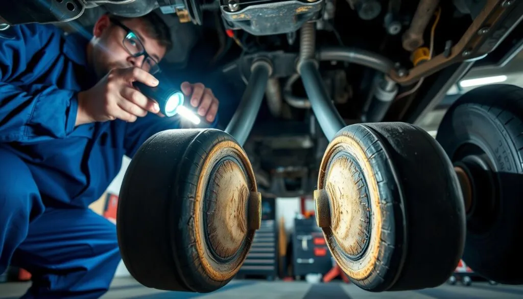 A detailed close-up image of a mechanic inspecting axle boots under a car. In the foreground, focus on a pair of worn axle boots, showing signs of cracking and leaking grease. The mechanic, dressed in a blue coverall and safety glasses, is using a flashlight to illuminate the area, creating sharp shadows and highlights that emphasize the texture of the rubber. In the middle ground, the undercarriage of a car is visible, with various mechanical components and suspension elements creating a busy, technical atmosphere. In the background, a garage setting is hinted at with tools and equipment organized neatly. The lighting is bright and focused, conveying an atmosphere of diligence and attention to detail, as the mechanic assesses the condition of the boots with a look of concentration. A detailed close-up image of a mechanic inspecting axle boots under a car. In the foreground, focus on a pair of worn axle boots, showing signs of cracking and leaking grease. The mechanic, dressed in a blue coverall and safety glasses, is using a flashlight to illuminate the area, creating sharp shadows and highlights that emphasize the texture of the rubber. In the middle ground, the undercarriage of a car is visible, with various mechanical components and suspension elements creating a busy, technical atmosphere. In the background, a garage setting is hinted at with tools and equipment organized neatly. The lighting is bright and focused, conveying an atmosphere of diligence and attention to detail, as the mechanic assesses the condition of the boots with a look of concentration.