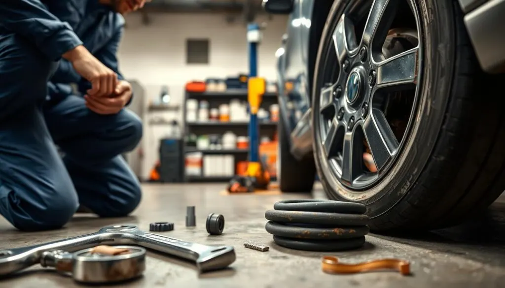 A focused automotive workshop scene, highlighting a mechanic in a blue jumpsuit kneeling by a car's front wheel. In the foreground, tools like a wrench and CV boot replacement kit are neatly arranged. The mechanic is examining a torn CV boot, with grease smudged on their hands, showcasing a genuine repair scenario. In the middle ground, a car on a lift exposes the undercarriage, emphasizing the repair process. In the background, shelves stocked with automotive supplies are softly lit, conveying a professional atmosphere. The lighting is bright yet warm, creating an inviting mood while highlighting the intricate details of the repair work. The camera angle is low, capturing the intensity and focus of the mechanic's work. A focused automotive workshop scene, highlighting a mechanic in a blue jumpsuit kneeling by a car's front wheel. In the foreground, tools like a wrench and CV boot replacement kit are neatly arranged. The mechanic is examining a torn CV boot, with grease smudged on their hands, showcasing a genuine repair scenario. In the middle ground, a car on a lift exposes the undercarriage, emphasizing the repair process. In the background, shelves stocked with automotive supplies are softly lit, conveying a professional atmosphere. The lighting is bright yet warm, creating an inviting mood while highlighting the intricate details of the repair work. The camera angle is low, capturing the intensity and focus of the mechanic's work.