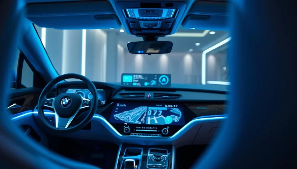 A futuristic BMW car interior featuring a sleek, curved display integrated into the dashboard. The display showcases vibrant, high-resolution graphics of navigation and entertainment features, glowing in soft blue ambient lighting. In the foreground, focus on the elegant design of the dashboard with polished wood accents and metallic elements, highlighting the innovative technology. The middle ground includes a close-up of the display, demonstrating its intuitive interface and advanced connectivity options. In the background, the car's spacious interior is subtly lit, suggesting a modern and luxurious atmosphere. The scene is viewed from a low angle, emphasizing the curve of the display and creating a dynamic perspective, evoking a sense of advanced automotive design and user experience.