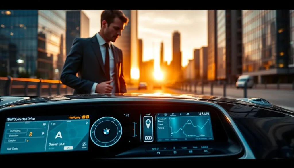 A futuristic BMW vehicle equipped with advanced technology features parked in an urban setting, showcasing its sleek design and high-tech interface. In the foreground, focus on a glowing digital dashboard displaying the BMW Connected Drive interface, highlighting navigation and connectivity options in a crisp, modern layout. The middle ground features a well-dressed business professional, wearing smart casual attire, engaging with the dashboard, intrigued and thoughtful, conveying curiosity about the technology. In the background, a city skyline during golden hour creates a dynamic atmosphere with warm lighting, reflecting off the polished car surface, emphasizing innovation and urban lifestyle. Capture the image from a slightly low angle to enhance the presence of the vehicle and create a sense of depth, while keeping the overall mood professional and aspirational.