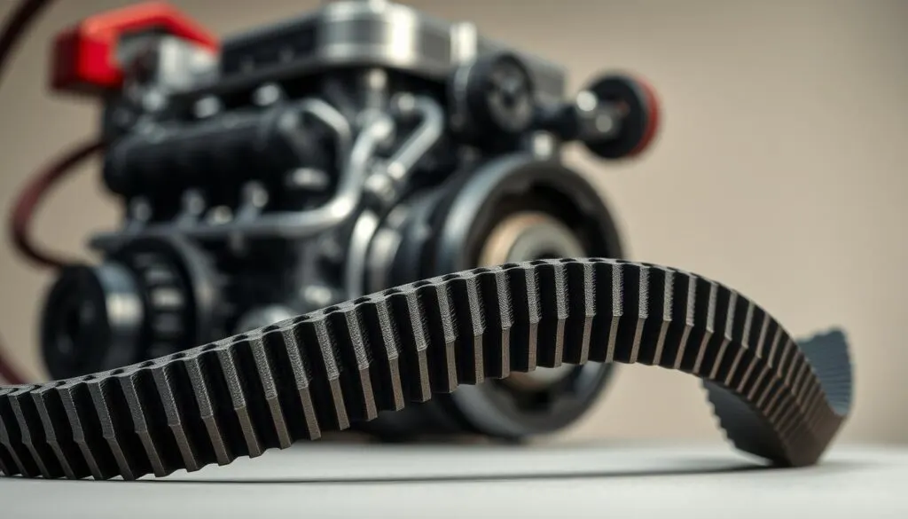 A highly detailed close-up image of a timing belt, showcasing its intricate teeth and texture, placed prominently in the foreground. The timing belt should be shown against a neutral background, with soft diffused lighting that highlights the rubber material and the precise engineering involved. In the middle ground, subtle outlines of an engine with visible timing components can be faintly seen, suggesting the context of its function in modern engines. The lighting should create a professional, technical atmosphere, emphasizing reliability and engineering excellence. Use a shallow depth of field to keep the focus sharp on the timing belt, with a soft focus background to enhance the professional quality of the image.