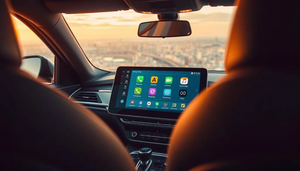 A sleek and modern BMW connected drive screen displayed in a luxurious car interior, showcasing vibrant app icons and features in an intuitive layout. The foreground features the glossy touchscreen, reflecting the ambient lighting of the car cabin. In the middle ground, the driver&rsquo;s seat, elegantly crafted with premium materials, is partially visible, emphasizing a focus on technology. The background reveals a stylish dashboard with soft-lit controls and a panoramic view of a beautiful cityscape through the windshield, creating a sense of adventure. The lighting is warm, creating a cozy yet high-tech atmosphere. The angle captures the screen at a slight tilt, enhancing the perspective while ensuring no text or logos appear.
