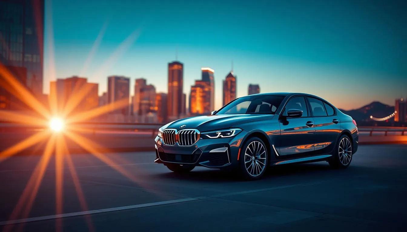 A sleek, futuristic BMW Connected Package Pro interface displayed prominently in the foreground, showcasing a high-resolution screen with vibrant app icons and features. In the middle, a BMW car is depicted in a luxurious urban setting, emphasizing its modern tech-savvy nature. The background features a cityscape at twilight, with dynamic lighting casting a warm glow on the vehicle and surroundings. The scene is captured at a slight angle, with a lens flare effect highlighting the innovative design of the BMW interface. The overall mood is sophisticated and modern, reflecting the blend of technology and luxury in the BMW Connected Package Pro 2026, designed to evoke a sense of anticipation and excitement for the future of automotive connectivity.