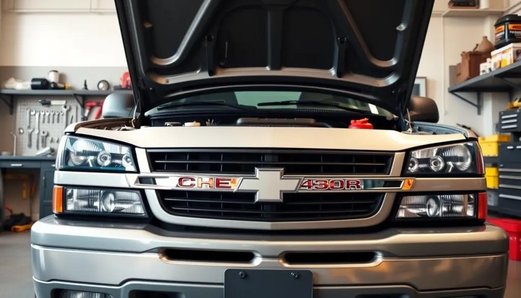 A 2004 Chevy Silverado 1500 parked in a well-lit, organized garage setting. In the foreground, focus on the truck's front end with the hood slightly ajar, showcasing the engine compartment, with oil dipstick and cap prominently visible. In the middle ground, display tools such as wrenches and an oil can arranged neatly on a workbench, reflecting an atmosphere of maintenance readiness. The background should feature shelves with automotive supplies, creating a sense of depth. Use soft, natural lighting to emphasize the truck's metallic silver finish, casting subtle shadows for dimension. The angle should be slightly elevated, providing a clear view of both the Silverado and the workspace around it, conveying a professional, clean, and practical vibe.