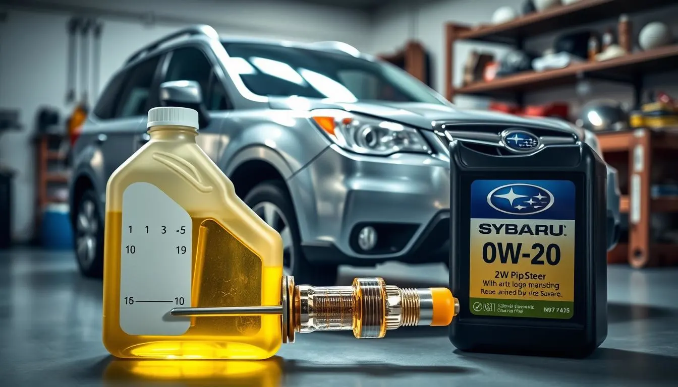 A 2014 Subaru Forester parked in a well-lit garage, showcasing its sleek exterior from a slight front-left angle. The vehicle is clean and polished, highlighting its modern design. In the foreground, a detailed close-up shot of an oil dipstick, prominently displaying oil levels near the Forester, accompanied by a semi-transparent overlay of a container of synthetic oil labeled 