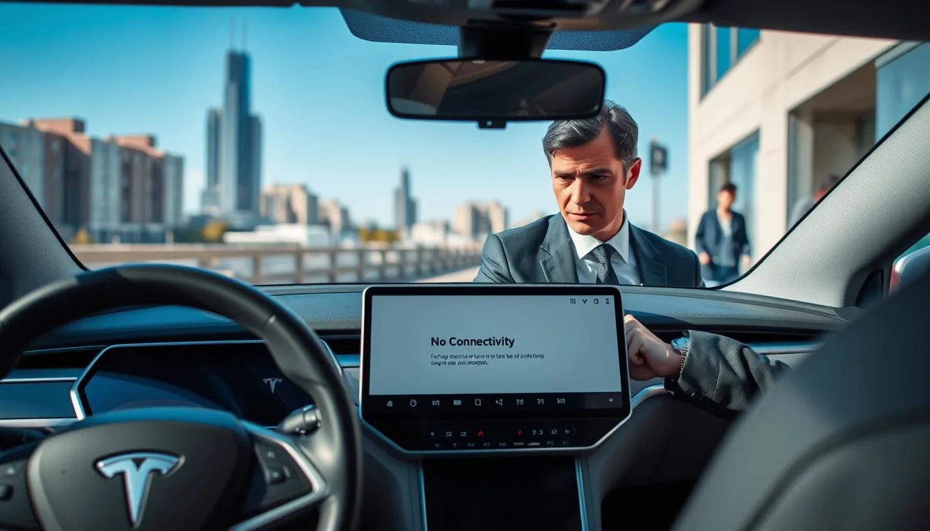 A Tesla vehicle parked in a modern urban setting, displaying a large dashboard screen with a prominent 