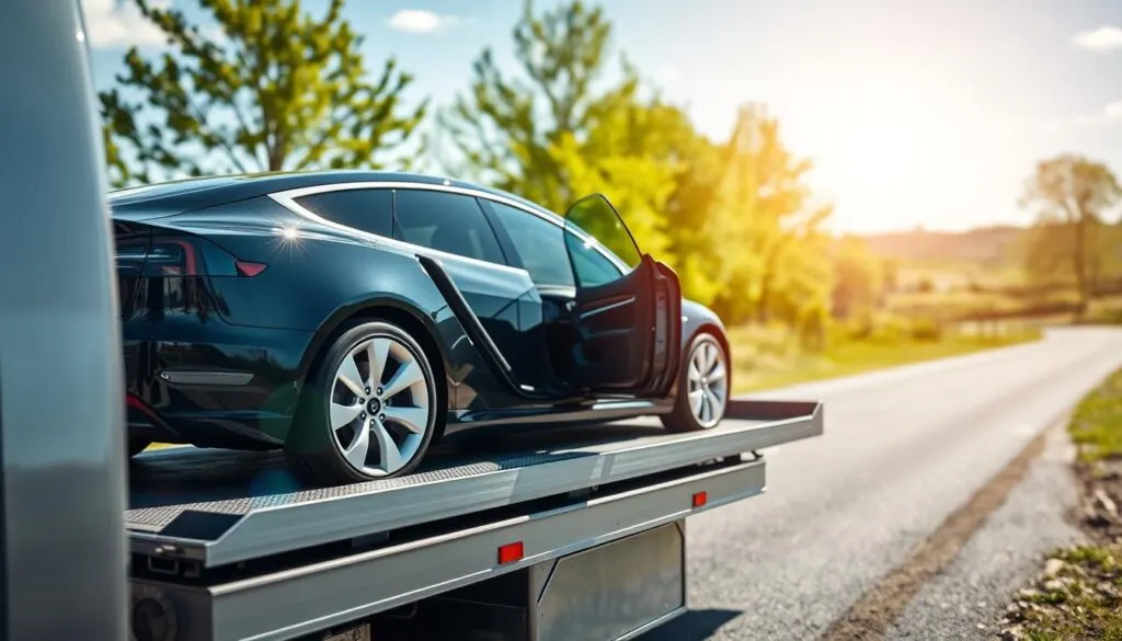 A Tesla vehicle positioned on a flatbed tow truck in an outdoor setting, showcasing the car in neutral mode for transportation. The foreground features the Tesla with its sleek design, highlighted by bright, natural sunlight reflecting off its glossy surface. In the middle ground, the tow truck is parked on a treated asphalt road, with a clear view of the open car door showing the interior dashboard. The background includes a serene landscape with green trees and a blue sky, enhancing the calm atmosphere. Capture the scene from a slightly elevated angle, using soft focus for distant elements while keeping the Tesla and tow truck sharply in focus. The overall mood conveys safety, professionalism, and readiness for towing, suitable for an informative article section. A Tesla vehicle positioned on a flatbed tow truck in an outdoor setting, showcasing the car in neutral mode for transportation. The foreground features the Tesla with its sleek design, highlighted by bright, natural sunlight reflecting off its glossy surface. In the middle ground, the tow truck is parked on a treated asphalt road, with a clear view of the open car door showing the interior dashboard. The background includes a serene landscape with green trees and a blue sky, enhancing the calm atmosphere. Capture the scene from a slightly elevated angle, using soft focus for distant elements while keeping the Tesla and tow truck sharply in focus. The overall mood conveys safety, professionalism, and readiness for towing, suitable for an informative article section.