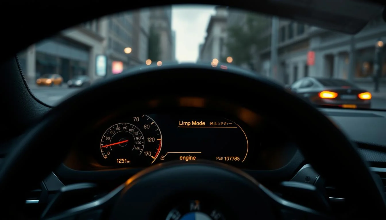 A close-up image of a BMW dashboard displaying a &ldquo;Limp Mode&rdquo; warning light, prominently featuring the automotive interface with clear, illuminated warning symbols. In the foreground, focus on the digital speedometer and warning indicators, highlighting the yellow engine light. The middle ground should show the sleek design of the BMW interior, with high-quality leather and modern controls, emphasizing a sense of urgency and concern. In the background, softly blurred out, is an inconspicuous view of a city street, hinting at the vehicle being in a driving situation. The lighting is soft yet dramatic, with a slight overhead glow illuminating the dashboard, creating a tense atmosphere that conveys the seriousness of car limp mode.
