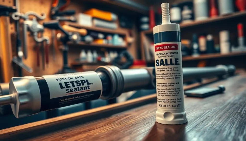 A close-up image of a tube of high-quality thread sealant specifically designed for fuel oil applications, set on a polished wooden workbench. In the foreground, focus on the tube with detailed labels showcasing its brand and specifications, including "Fuel Oil Safe" and "Thread Sealant." The middle ground features the application of the sealant on threaded pipe fittings, demonstrating its smooth texture and application process. In the background, dimly lit shelves filled with various tools and plumbing supplies create a workshop atmosphere. Soft, warm lighting highlights the sealant and pipe, enhancing the sense of professionalism and expertise. The overall mood conveys precision and reliability, ideal for showcasing the best practices in pipe maintenance.