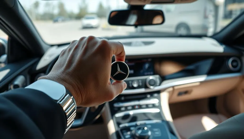 A close-up of a hand grasping the hood release lever inside a luxury Mercedes car, showcasing the sleek interior design featuring high-quality materials and modern technology. The foreground focuses on the hand, adorned with a professional watch, pulling down the chrome hood release lever. In the middle ground, the dashboard displays elegant instrumentation, ambient lighting giving a sophisticated feel. The background reveals the soft texture of the car seats and subtle details of the cabin. Bright, natural lighting filters through the windshield, reflecting off polished surfaces, creating a clean and inviting atmosphere. The overall mood is informative and professional, emphasizing the elegance and functionality of the Mercedes vehicle.
