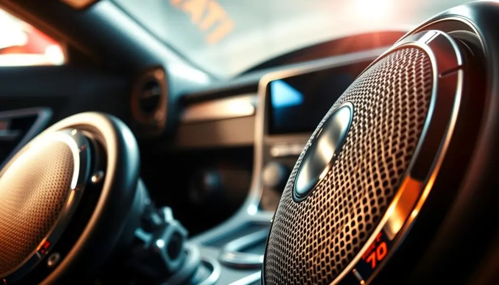 A close-up shot of high-quality car speakers, showcasing their sleek design, detailed mesh grilles, and sturdy build. The foreground features two prominently displayed speakers, polished chrome accents reflecting light. In the middle ground, a modern vehicle interior can be seen, including stylish components like subwoofers and amplifiers, demonstrating an audio setup. The background includes soft-focus elements of a car’s dashboard, emphasizing a sporty yet elegant atmosphere. The lighting is warm and dynamic, highlighting the textures and details, with a slight lens flare effect to enhance the depth. The overall mood is vibrant and energetic, capturing the essence of high-performance car audio. A close-up shot of high-quality car speakers, showcasing their sleek design, detailed mesh grilles, and sturdy build. The foreground features two prominently displayed speakers, polished chrome accents reflecting light. In the middle ground, a modern vehicle interior can be seen, including stylish components like subwoofers and amplifiers, demonstrating an audio setup. The background includes soft-focus elements of a car’s dashboard, emphasizing a sporty yet elegant atmosphere. The lighting is warm and dynamic, highlighting the textures and details, with a slight lens flare effect to enhance the depth. The overall mood is vibrant and energetic, capturing the essence of high-performance car audio.