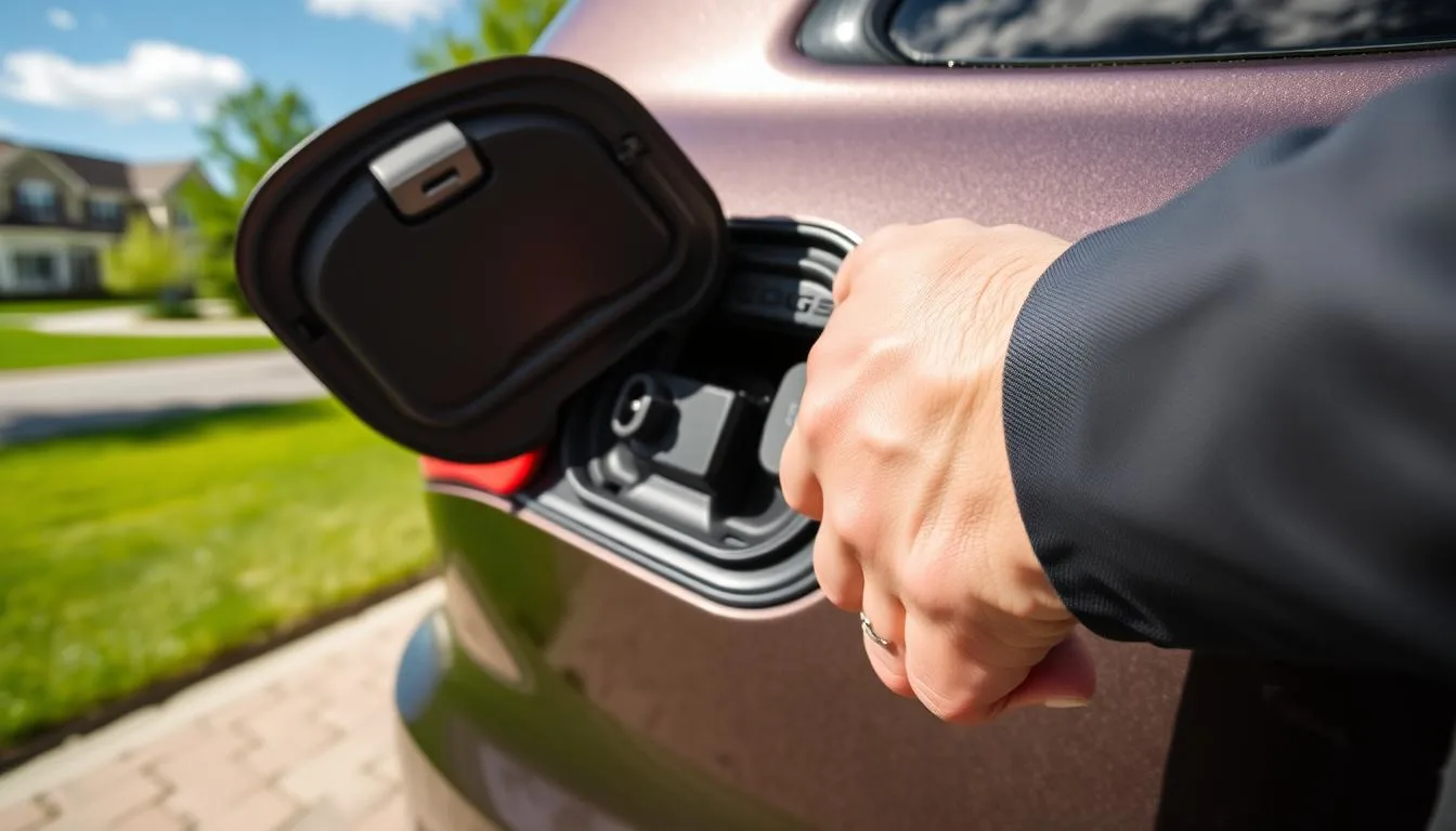A close-up view focused on a Dodge Durango's gas tank door being opened. The car is parked on a driveway, with the background featuring a suburban setting, lush green grass, and a clear blue sky. The gas tank door is highlighted in the foreground, showing the latch being pulled and the distinctive branding of the Dodge logo visible. The lighting is bright and natural, emphasizing the glossy finish of the car's exterior and the metallic sheen of the gas tank door. A person's hand, wearing a professional business jacket, is shown in a careful motion, demonstrating the action of opening the gas tank. The atmosphere is informative and instructional, conveying ease of access and practicality in the process.