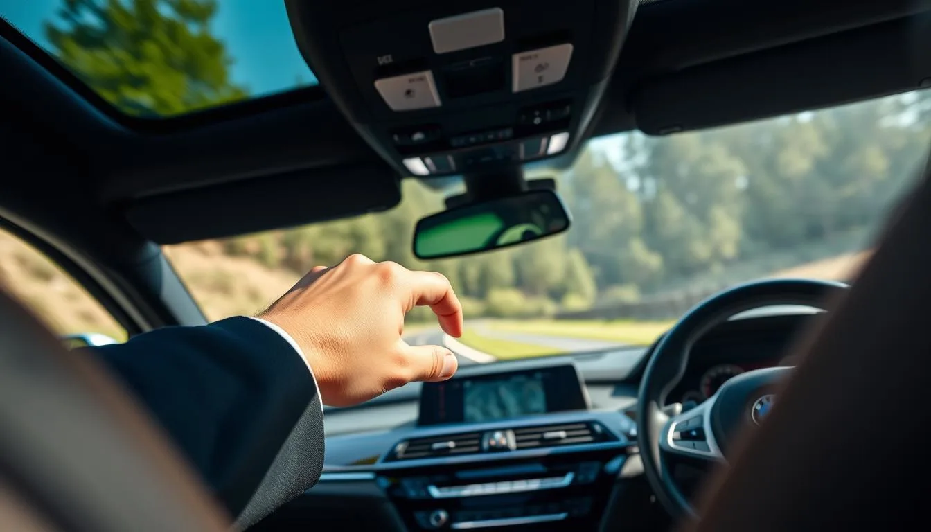 A close-up view inside a luxurious BMW car showcasing the Adaptive Suspension button on the center console. The button is illuminated, with a soft, ambient light reflecting off the sleek, modern interior. A pair of hands in professional business attire is gently pressing the button to suggest interaction. In the foreground, the shiny dashboard and premium materials are visible, while the steering wheel and digital display hint at an advanced driving experience. The background features a scenic drive, with blurred greenery passing by through the car windows, evoking a sense of smoothness and comfort. The atmosphere is calm and sophisticated, capturing the essence of enhancing the driving experience. Bright, natural lighting enhances the ambiance.