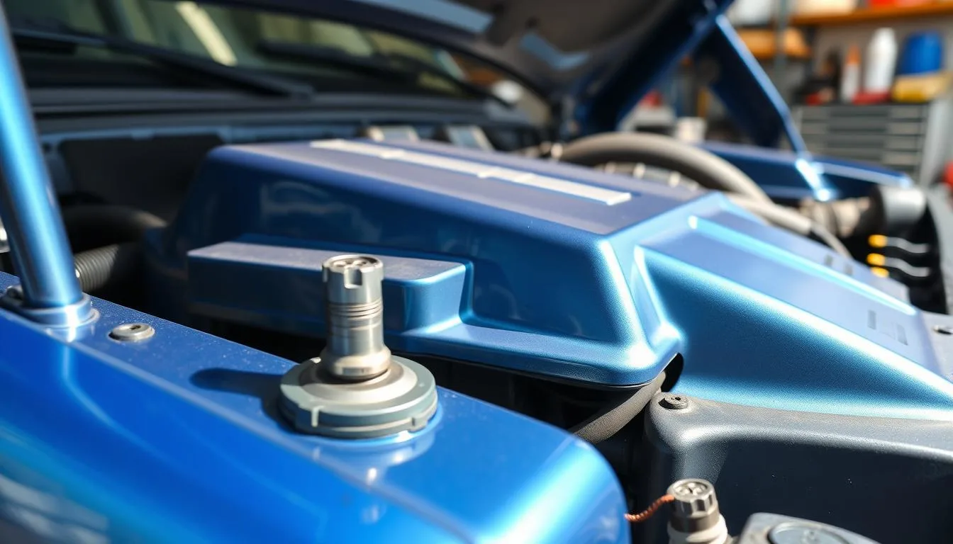 A close-up view of a 2004 Chevrolet Silverado 5.3, showcasing the engine bay with the focus on the oil dipstick and oil reservoir. The vehicle's clean, metallic blue finish glistens under bright natural daylight, highlighting the shapes and contours of the truck. In the background, a garage setting adds context, with tools and maintenance supplies subtly arranged. Capture the image from a slightly elevated angle to create depth, emphasizing the intricate details of the engine components. The mood is professional and informative, ideal for a maintenance guide. The lighting is bright and even, ensuring clarity without harsh shadows or glares, perfect for illustrating oil capacity and type. No text or signatures present.