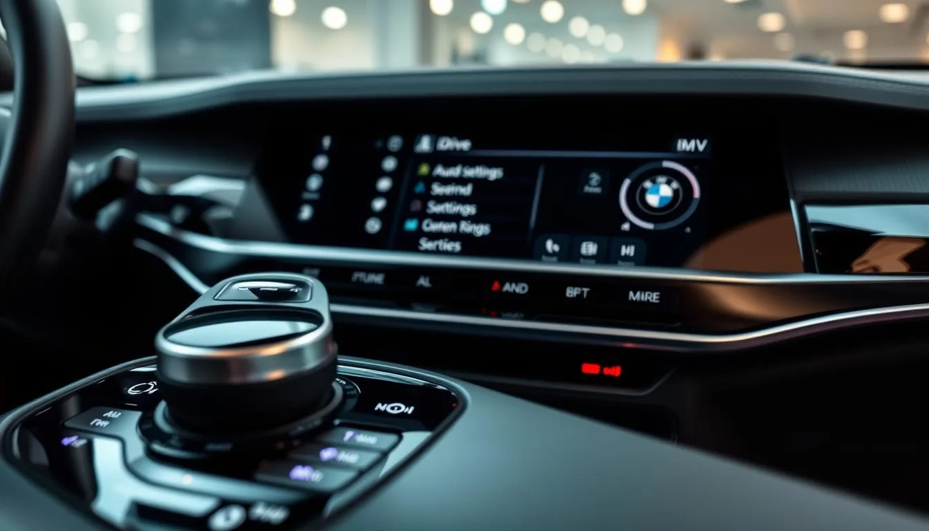 A close-up view of a BMW iDrive system interface, showcasing the sleek touchscreen display with illuminated buttons, reflecting a modern car interior. The foreground features a well-designed center console with a luxurious finish, highlighting the iDrive controller in a glossy black color. The middle ground presents the detailed screen of the iDrive system, displaying options related to the car radio, with graphical icons indicating sound settings and various media sources. The background subtly features a stylish BMW dashboard with ambient lighting to create an inviting atmosphere. The lighting is soft and well-balanced, simulating an elegant car showroom, with a focus on clarity and detail. The scene is shot from a slightly elevated angle to emphasize the user-friendly design and functionality of the system.