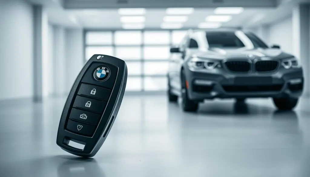 A close-up view of a BMW key fob prominently displayed in the foreground, showcasing its sleek design and buttons. In the middle ground, there’s an elegant, blurred outline of a modern BMW vehicle, hinting at the connection between the key fob and the car. The background features a sophisticated garage or a driveway, adding depth and context. Soft, diffused lighting highlights the key fob, creating a professional and polished atmosphere, reminiscent of a product advertisement. The focus is sharp on the fob, while the car and background fade gently, ensuring a clean and clear presentation. The mood conveys professionalism and precision, perfect for a technical guide. A close-up view of a BMW key fob prominently displayed in the foreground, showcasing its sleek design and buttons. In the middle ground, there’s an elegant, blurred outline of a modern BMW vehicle, hinting at the connection between the key fob and the car. The background features a sophisticated garage or a driveway, adding depth and context. Soft, diffused lighting highlights the key fob, creating a professional and polished atmosphere, reminiscent of a product advertisement. The focus is sharp on the fob, while the car and background fade gently, ensuring a clean and clear presentation. The mood conveys professionalism and precision, perfect for a technical guide.