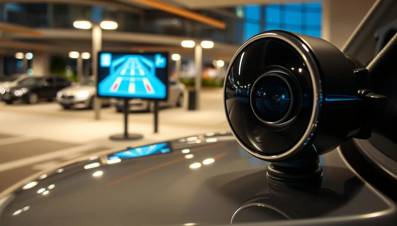 A close-up view of a BMW parking assistant camera, showcasing the intricate lens system and sensors designed for enhanced parking assistance technology. The foreground features a polished BMW vehicle, with the camera prominently displayed, reflecting its sleek design and high-tech features. In the middle ground, a focused digital display illustrates the parking guidelines and surrounding environment captured by the camera, with vivid colors and clear graphics. The background includes an urban parking setting, featuring neatly parked cars and illuminated street lights, creating a modern yet inviting atmosphere. The scene is illuminated with soft, ambient lighting, emphasizing the advanced technology of the parking assistant system. The angle captures the camera and its functionality with precision, reflecting a sense of innovation and reliability in parking solutions.
