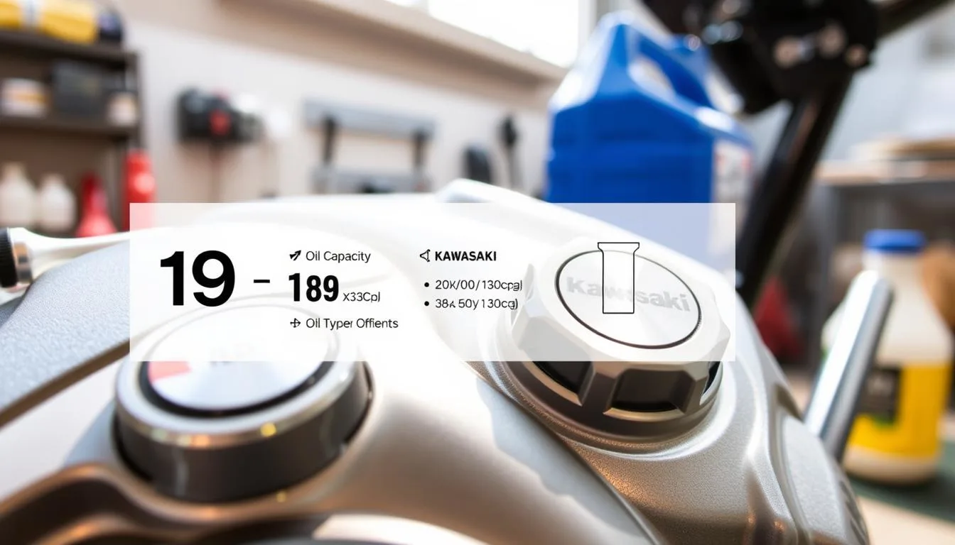 A close-up view of a Kawasaki 19 HP engine, prominently showcasing the oil fill cap, alongside a clear diagram displaying the oil capacity specifications and oil type recommendations. The foreground features the shiny engine components in detailed focus, highlighting the Kawasaki logo. The middle layer shows a clean, organized workspace with tools and an oil container, suggesting maintenance. The background is softly blurred to emphasize the engine, with natural daylight illuminating the scene to create a bright, professional atmosphere. The composition should convey a sense of precision and trustworthiness, appealing to mechanics and enthusiasts alike.