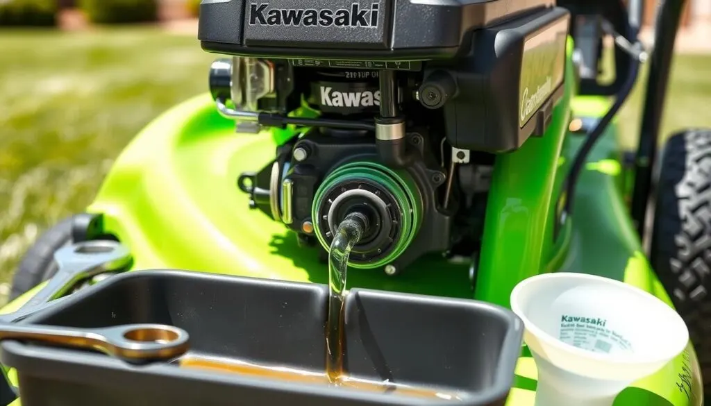 A close-up view of a Kawasaki 19 HP lawn mower engine undergoing an oil change. In the foreground, there&rsquo;s an open oil pan underneath the engine, collecting used oil. Tools like a wrench and funnel are neatly arranged nearby. The middle ground features the lawn mower engine, showcasing its bright green casing and intricate components, highlighting the oil reservoir with the dipstick slightly pulled out. In the background, hints of a well-manicured lawn can be seen, blurred to emphasize the engine work. The lighting is bright and natural, suggesting a sunny day, and the angle is slightly elevated, giving a comprehensive view of the procedure. The overall mood is practical and focused, perfect for instructional content.