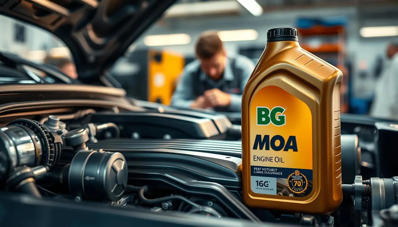A close-up view of a car engine with a bottle of BG MOA engine oil prominently placed in the foreground, showcasing its sleek, modern design. The engine is polished and detailed, with gleaming metal components reflecting soft, warm lighting to evoke a sense of high performance and reliability. In the middle ground, there's a mechanic in professional attire inspecting the engine, conveying expertise and care. The background features a blurred workshop environment, with tools and equipment subtly visible, adding context without distraction. The overall atmosphere is one of professionalism and trust, emphasizing the technical benefits of high-quality engine oil. The image should have a sharp focus, with a shallow depth of field to highlight the oil and engine components beautifully.