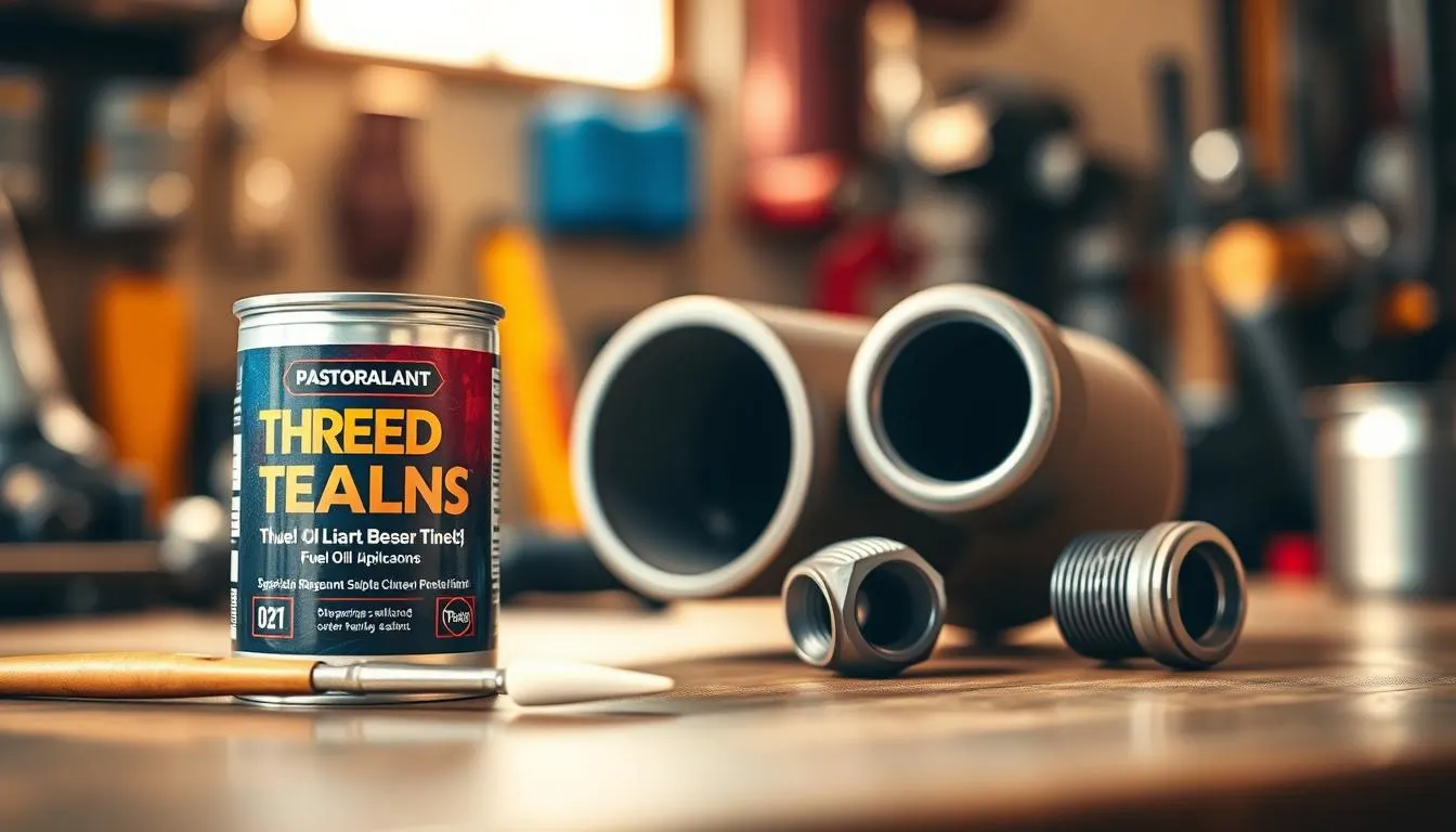 A close-up view of a high-quality thread sealant specifically designed for fuel oil applications. The foreground features an open container of the sealant with a glossy, vibrant label showcasing its properties, alongside a small brush for application. In the middle, several threaded pipes are arranged artistically, demonstrating the sealant in action. The background is softly blurred, hinting at a workshop setting with tools and equipment, illuminated by warm, natural light filtering through a window, creating a professional and inviting atmosphere. The focus is sharp on the sealant and pipes, with a slight depth of field effect enhancing the technical nature of the image. The mood conveys expertise and reliability, suitable for a professional review.