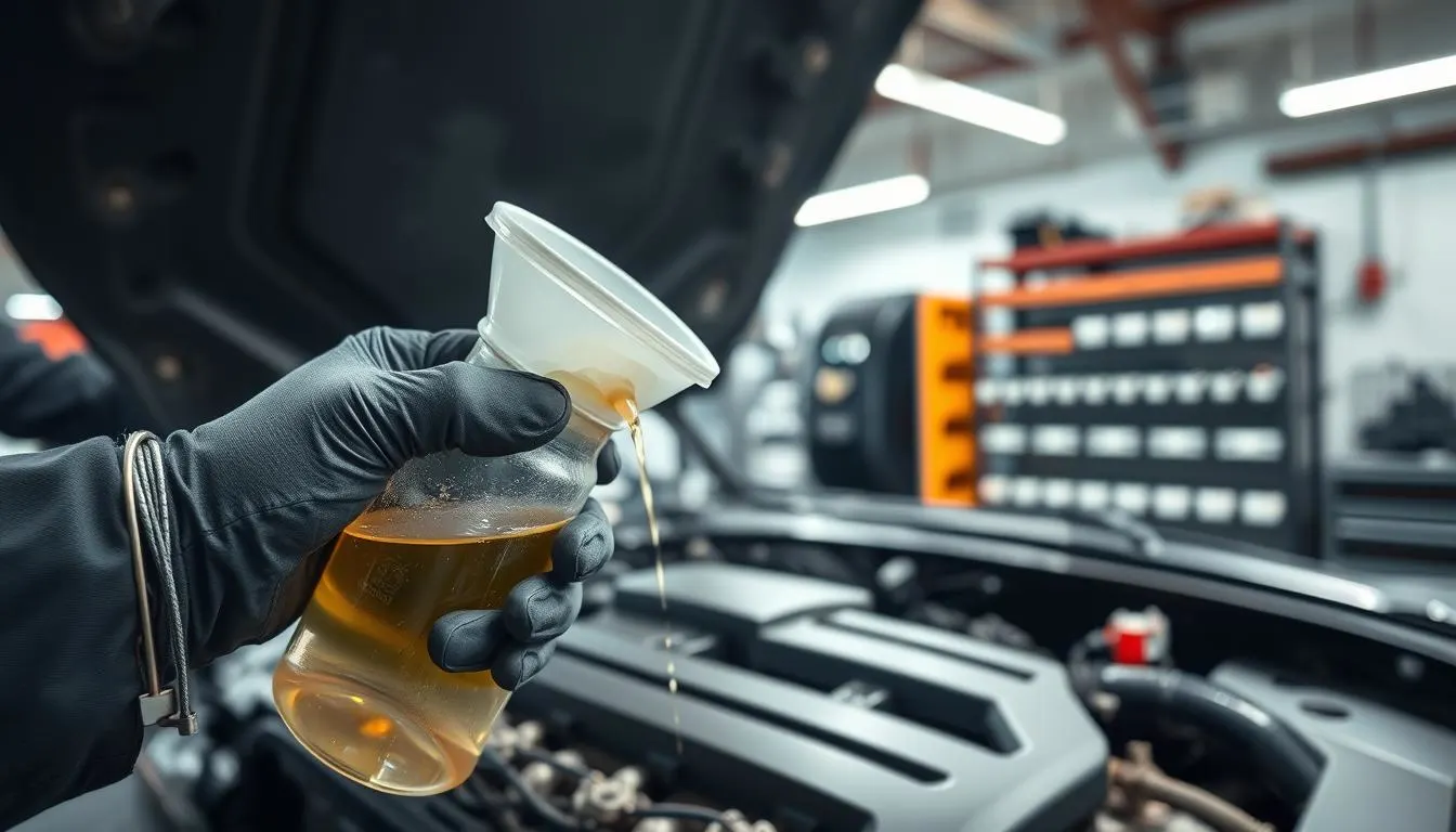 A close-up view of a mechanic's hands performing an engine oil flush on a car engine. The foreground shows gloved hands holding a funnel and a container of engine flush fluid, with oil splashes visible. In the middle ground, the engine bay of a car is visible, with various components and a clean, metallic sheen reflecting light. The background features a well-organized garage with tool racks and bright fluorescent lighting illuminating the scene, highlighting the meticulousness of the process. The mood is professional and focused, evoking a sense of care and technical expertise in automotive maintenance. Use a shallow depth of field to emphasize the hands and funnel, with soft bokeh in the background for a clean, informative look.