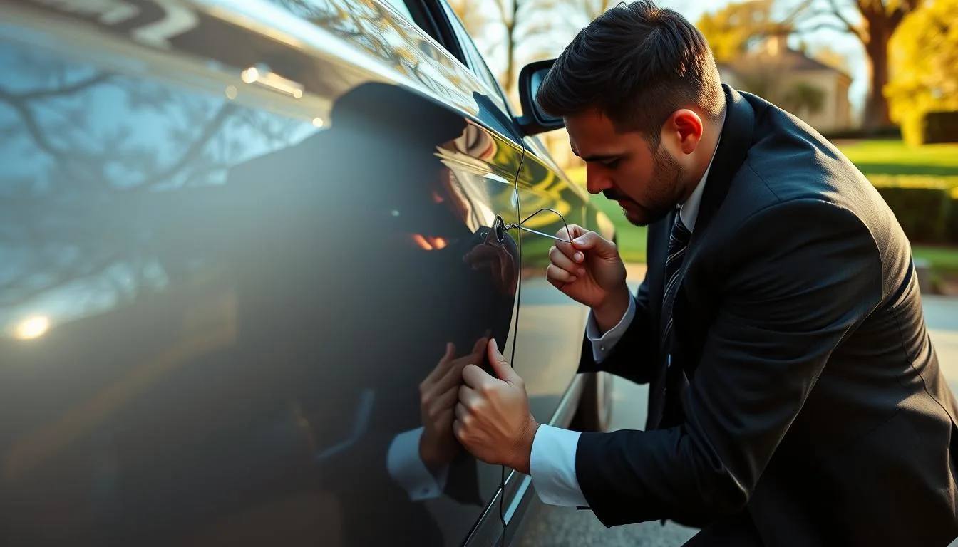 A close-up view of a person dressed in professional business attire kneeling beside a BMW with its window slightly open. The individual is using a slim tool, like a coat hanger, to unlock the door, focusing intently on the task. The car's sleek design shines in the morning light, with reflections of trees and a blue sky visible on the surface. Surrounding the car, a suburban driveway is visible, suggesting an everyday setting. The lighting is warm and inviting, casting soft shadows. The mood conveys determination and problem-solving, emphasizing a hands-on approach to overcoming a common challenge.