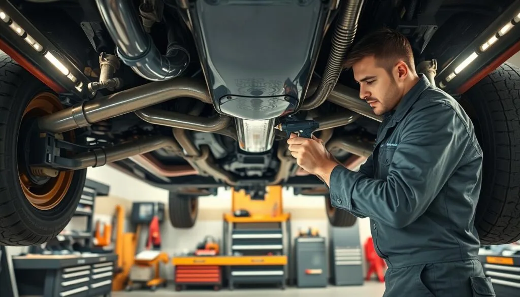 A close-up view of a skilled technician in a professional uniform, meticulously applying undercoating to the undercarriage of a vehicle. The technician is using a spray gun, showcasing attention to detail and precision. The foreground features the vehicle&rsquo;s underframe, highlighting the glossy, freshly applied undercoating that glistens under bright workshop lights. In the middle ground, tools and materials neatly arranged on a workbench enhance the scene&rsquo;s authenticity. The background includes a clean, well-lit garage with essential automotive equipment, creating a professional atmosphere. Soft shadows cast by overhead lights add depth, and a warm tone evokes a sense of craftsmanship and quality. Emphasize the meticulous nature of the installation process, illustrating that quality matters above all.