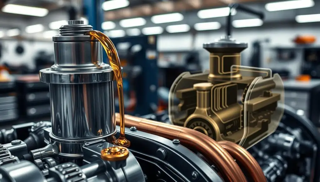 A close-up view of an engine's lubrication system, featuring a gleaming metal oil filter and bright copper pipes gently cradled in a sophisticated engine block. In the foreground, the focus is on oil flow, with droplets glistening under dynamic light, illustrating the smooth yet precise mechanics. The middle ground reveals a stylized cutaway of the engine with clear sections showing the oil channels and lubrication points, emphasizing efficiency. The background is softly blurred, showcasing a sleek, modern automotive workshop with tools and machinery subtly illuminated from overhead lights, creating a professional ambiance. The mood is informative and technical, capturing the essence of engine care and the importance of lubrication in preventing damage.