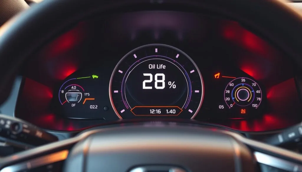 A close-up view of an oil life reset display on a Honda Pilot's dashboard, vivid and detailed. The display shows a large digital percentage, surrounded by corresponding warning lights and symbols, all vividly illuminated against the sleek, modern dashboard design. The dashboard features a combination of black and silver trim, conveying a polished and sophisticated look. Soft, ambient lighting from the car's interior casts a warm glow on the display, highlighting its features. In the background, the hint of steering wheel and console can be seen, but the focus remains on the display itself. The atmosphere is technical and informative, ideal for demonstrating car maintenance functionality. The image is crisp and clear, taken with a standard lens, angled straight on for clarity.