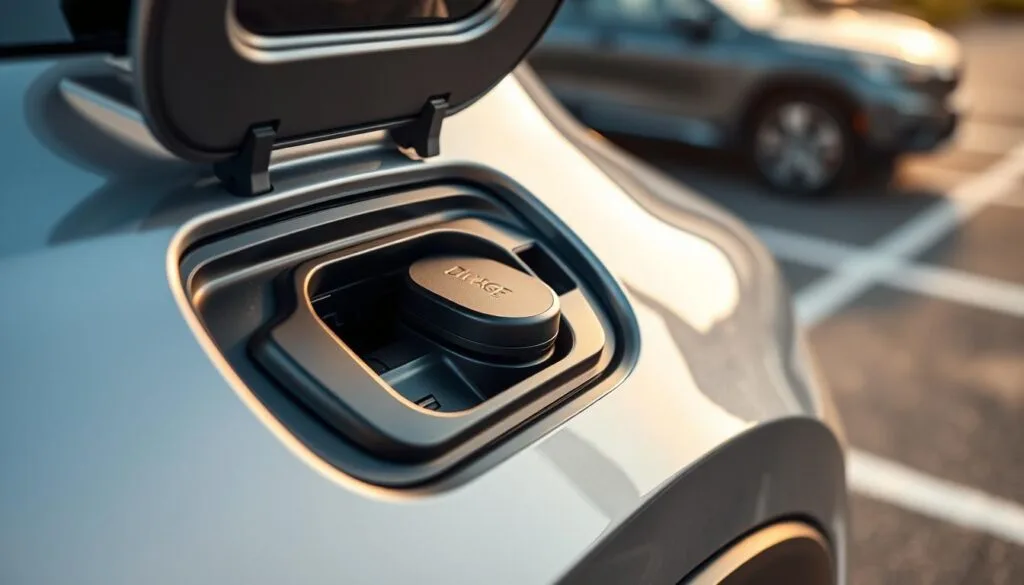 A close-up view of an open fuel door on a Dodge Durango, highlighting its sleek design and integrated fuel cap. The foreground features the shiny metallic fuel door, showcasing its smooth surface and contours. In the middle ground, the focus remains on the vehicle's body, with its distinctive curves and color, illuminated by soft, natural lighting that reflects off the curves. The background shows a blurred out parking lot or driveway, creating a practical atmosphere. The angle is slightly lower, capturing the fuel door at eye level to emphasize its accessibility. The overall mood is informative and straightforward, ideal for illustrating the concept of fuel access in a modern SUV.