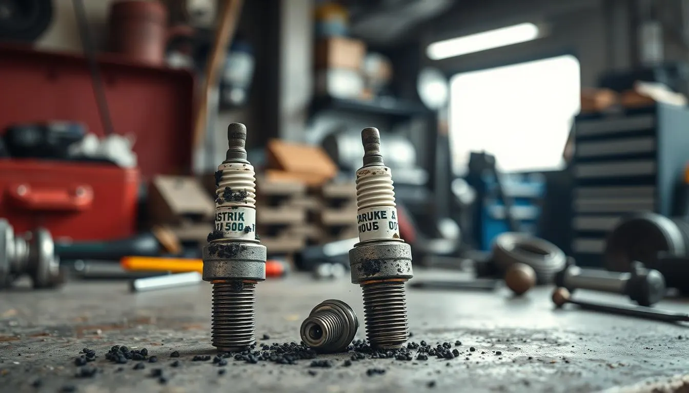 A close-up view of carbon-fouled spark plugs displayed on a mechanic's workbench. In the foreground, two spark plugs coated with black, sooty carbon deposits sit prominently, showcasing their worn and damaged state. The middle ground features a toolbox and various tools, indicating an auto repair setting, with scattered mechanical parts in disarray. In the background, soft, diffused lighting illuminates a blurred garage environment, enhancing the focus on the spark plugs. The image should evoke a sense of industrial realism, with a slightly gritty atmosphere that conveys the technical nature of automotive diagnostics. Use a shallow depth of field to emphasize the details of the spark plugs, while conveying a sense of urgency and the need for maintenance.