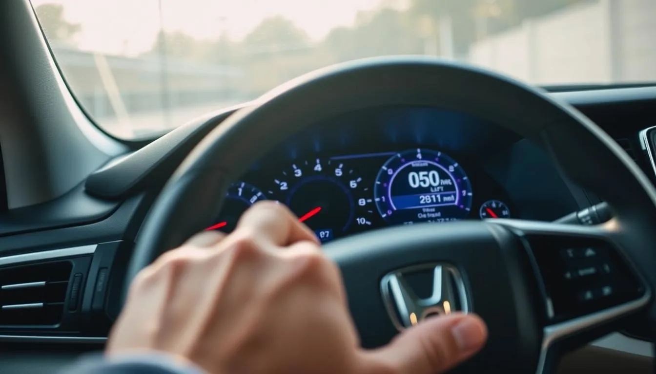 A close-up view of the dashboard of a Honda Pilot, highlighting the digital display showing the oil life percentage. In the foreground, a hand reaches towards the steering wheel, preparing to access the controls. The middle ground features the dashboard's sleek design, with dials and buttons clearly visible, emphasizing modern technology. In the background, a blurred interior of the vehicle creates a sense of depth. Soft, natural lighting streams in through the windshield, enhancing the sleek black and silver materials of the dashboard. The atmosphere is calm and informative, ideal for a guide, capturing a moment of focus on vehicle maintenance. The image excludes any text or overlays, ensuring a clean and professional appearance.