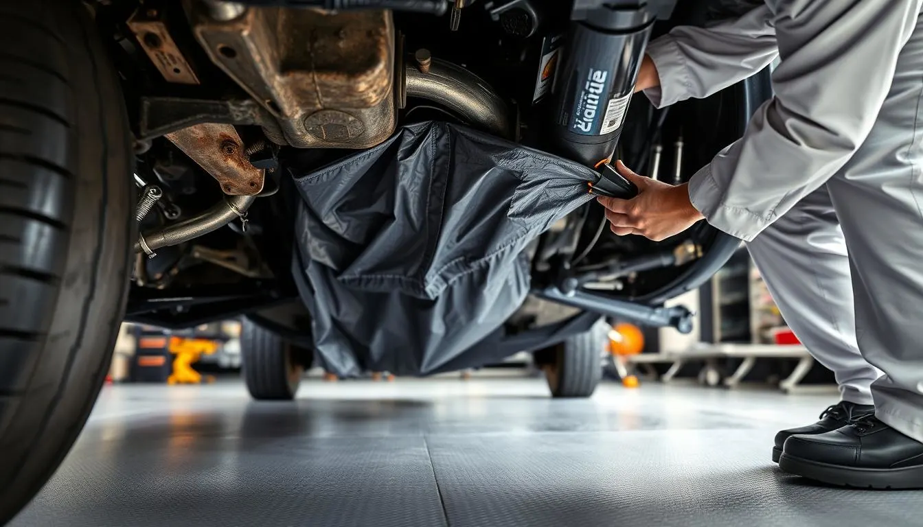 A detailed close-up of a vehicle undergoing Ziebart undercoating application. In the foreground, show a skilled technician in a clean, professional-looking uniform applying a thick, glossy black undercoating to the car&rsquo;s undercarriage, highlighting the texture and sheen of the material. In the middle, depict the vehicle&rsquo;s chassis, partially obscured by a protective covering, emphasizing the thoroughness of the treatment. In the background, include an organized workshop with tools and equipment, softly lit for a warm, professional atmosphere. Use a slight low-angle view to emphasize the depth of the undercoated area, and incorporate soft diffused lighting to enhance textures while maintaining a clean, polished look. The overall mood should convey expertise and reassurance in vehicle maintenance.