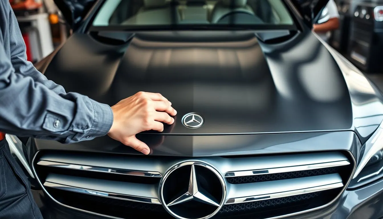 A detailed close-up view of a Mercedes car's front hood with the latch mechanism prominently displayed. In the foreground, a pair of hands in professional attire, such as a shirt and trousers, gently demonstrate how to release the hood latch. The middle ground features the sleek lines of the Mercedes hood, reflecting light to highlight its luxury finish. The background includes a soft-focus garage setting, enhancing the technical atmosphere. The image is well-lit with natural daylight, showcasing the car's features in a clear and inviting way. The overall mood conveys simplicity and accessibility, making the process of popping the hood feel approachable and straightforward.