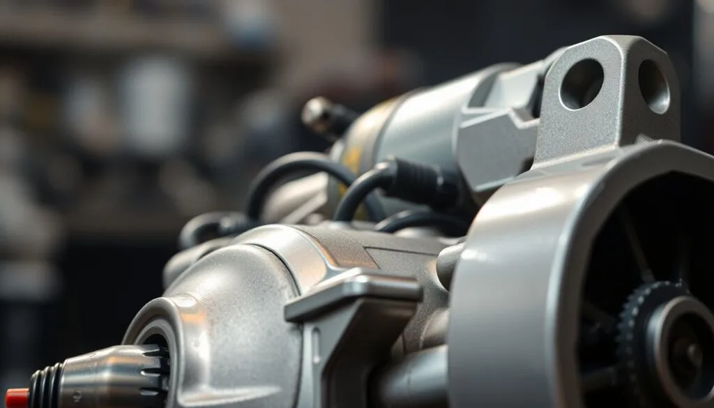 A detailed close-up view of a starter motor, showcasing its intricate internal components such as brushes, solenoids, and gears. The foreground features a polished starter motor with a metallic finish, glimmering under soft, focused lighting that highlights its craftsmanship. In the middle ground, subtle reflections and shadows emphasize the motor's texture and design, while wires are neatly arranged for clarity. The background fades into a blurred, dark workshop environment, evoking an atmosphere of innovation and durability in automotive engineering. The overall mood conveys a sense of reliability and technological advancement, inviting viewers to explore the advancements that enhance starter motor performance in modern vehicles.