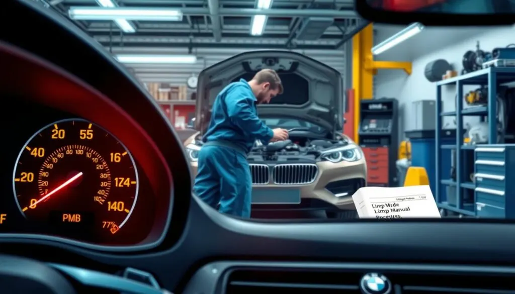 A detailed illustration depicting the causes of limp mode in a BMW vehicle, with a foreground showing a close-up of the car's dashboard warning lights illuminated in cautionary red and yellow. In the middle ground, a mechanic in professional blue coveralls examines the engine compartment of a modern BMW model, surrounded by diagnostic tools and equipment. The background features an auto repair shop with neatly organized tools and a soft focus on a repair manual regarding limp mode procedures. The lighting should be bright and clear, simulating the harsh fluorescent lights of a garage, creating a clinical and informative atmosphere. The image should evoke a sense of urgency and professionalism in addressing automotive issues.