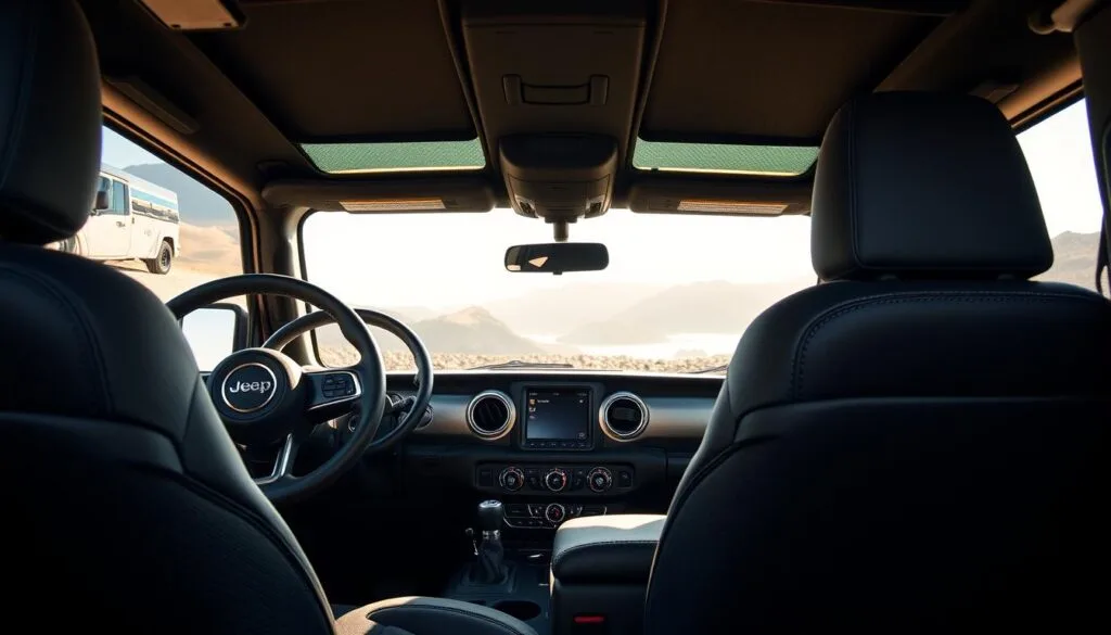 A detailed interior view of a Jeep Gladiator cabin, showcasing its build quality and design elements. In the foreground, emphasize the steering wheel, dashboard, and control panel with high-quality materials and ergonomic layout. The middle ground should feature comfortable seating, contrasting textures, and realistic stitching details on the upholstery. In the background, include a panoramic view through the windshield, highlighting the vehicle's rugged aesthetics and outdoor environment. Utilize natural sunlight streaming in, creating a warm and inviting atmosphere. The camera angle should be slightly tilted from the driver&rsquo;s perspective, capturing both the functionality and contemporary design of the interior. The mood should evoke a sense of adventure and reliability, illustrating a space where quality meets comfort.