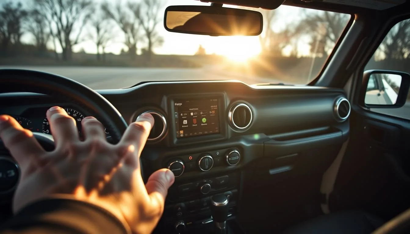 A detailed scene showcasing a Jeep Wrangler interior, focusing on the dashboard with an emphasis on the digital display indicating a successful computer reset. In the foreground, have a hand reaching towards the dashboard buttons, positioned to suggest user interaction. In the middle ground, the Jeep's prominent console features buttons and knobs that reflect a modern, rugged design, illuminated by soft ambient lighting that suggests a late afternoon sun filtering through tinted windows. The background reveals the inside of the Jeep, highlighting its tough, practical materials like leather and durable plastics. The atmosphere should evoke a sense of clarity and precision, suggesting a reliable, user-friendly experience while maintaining a professional and clean look, with no people present in the scene.