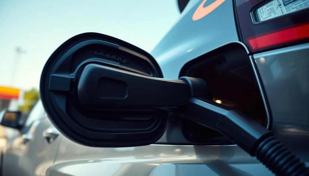 A detailed view of the fuel door on a Dodge Durango, prominently displayed in the foreground. The fuel door is sleek and modern, showcasing the vehicle's design with a polished finish and subtle brand logo. In the middle ground, a gas station pump is visible, with vibrant colors and lighting that suggest a sunny day. The background includes a hint of the gas station's signage and a clear blue sky. The angle is slightly above eye-level, providing a dynamic perspective on the fuel door as it is being opened. Soft lighting highlights the contours of the vehicle, creating a welcoming and informative atmosphere, emphasizing ease of access to the gas tank.