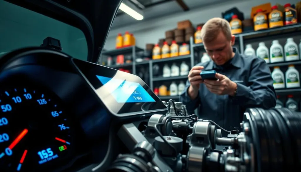 A dynamic scene showcasing an automotive engine in a well-lit workshop environment, highlighting its intricate components like pistons, valves, and crankshaft, emphasizing high-performance elements. In the foreground, a sleek, modern digital dashboard displays real-time engine metrics like RPM and temperature, illuminated by soft blue and green lights. The mid-ground features a technician in professional work attire intently examining the engine, using diagnostic tools for evaluation. The background shows shelves of automotive products, with a prominent display of BG MOA containers, subtly hinting at its benefits for engine performance. The lighting is bright yet soft, creating an atmosphere of professionalism and technical expertise, with a focus on innovation and vehicle maintenance. The angle is slightly low to provide a dramatic perspective on the engine's power and complexity. A dynamic scene showcasing an automotive engine in a well-lit workshop environment, highlighting its intricate components like pistons, valves, and crankshaft, emphasizing high-performance elements. In the foreground, a sleek, modern digital dashboard displays real-time engine metrics like RPM and temperature, illuminated by soft blue and green lights. The mid-ground features a technician in professional work attire intently examining the engine, using diagnostic tools for evaluation. The background shows shelves of automotive products, with a prominent display of BG MOA containers, subtly hinting at its benefits for engine performance. The lighting is bright yet soft, creating an atmosphere of professionalism and technical expertise, with a focus on innovation and vehicle maintenance. The angle is slightly low to provide a dramatic perspective on the engine's power and complexity.
