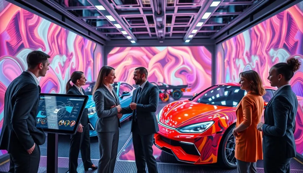 A futuristic virtual car paint booth filled with an array of vibrant colors and customizable patterns. In the foreground, a diverse group of people in professional business attire&mdash;both men and women&mdash;are interacting with a large touchscreen interface, showcasing a user-friendly design. The middle ground features sleek, modern automobiles being transformed with stunning paint jobs, highlighting creativity and personalization. The background displays a high-tech environment with soft, ambient lighting that creates an inviting atmosphere. A wide-angle perspective captures the excitement and engagement as individuals cheerfully explore their customization options. The overall mood is one of innovation and inclusivity, celebrating performance and accessibility in auto customization.
