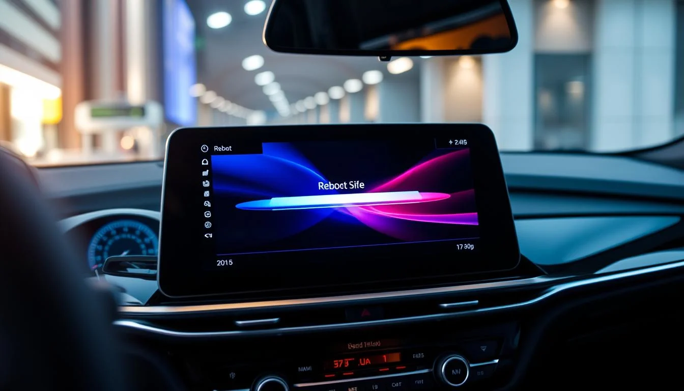 A high-tech BMW infotainment display prominently placed in the foreground, showcasing a visually striking reboot screen with vibrant colors and sleek graphics. The display's interface contains elegant icons and a shimmering progress bar, illuminated in a soft blue glow. In the middle, a partially blurred interior of a BMW vehicle with modern, luxurious materials such as leather and brushed aluminum, adding depth to the scene. The background features a dynamic lighting effect, simulating a high-end automotive environment, with hints of urban landscape through the windows. The mood is sleek and professional, evoking a sense of advanced technology and sophistication, captured from a slightly angled perspective as if viewed by a driver in the car.